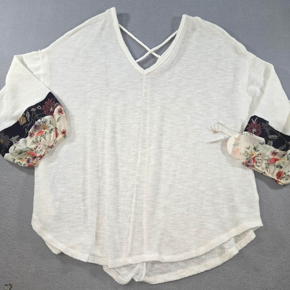 Hummingbird Pullover Top Womens 1XL Ivory Floral Cuff Strappy Back Boho HT16049X